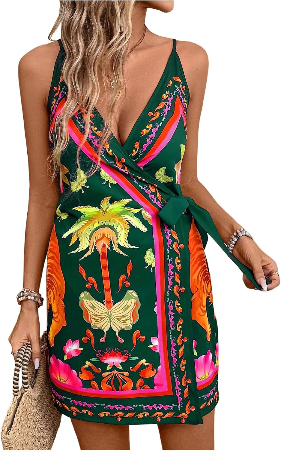 RoseSeek Women's Tropical Print Wrap Dress Sleeveless Vacation Dresses | Short Summer Dresses, Beach Vacation Outfits, Tropical Print Cami Dress, V Neck Dress