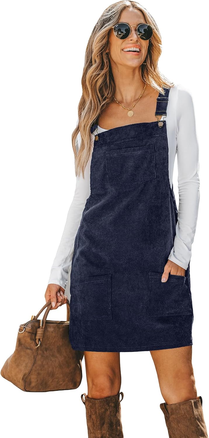 CUPSHE Women Corduroy Square Neck Wide Strap Fall Overall Mini Dress | Velvety Ribbed Texture, Front Bib Pocket, Utility Patch Pouches, High-Looped Buckle Fasteners, Casual Warm Autumn Outfits