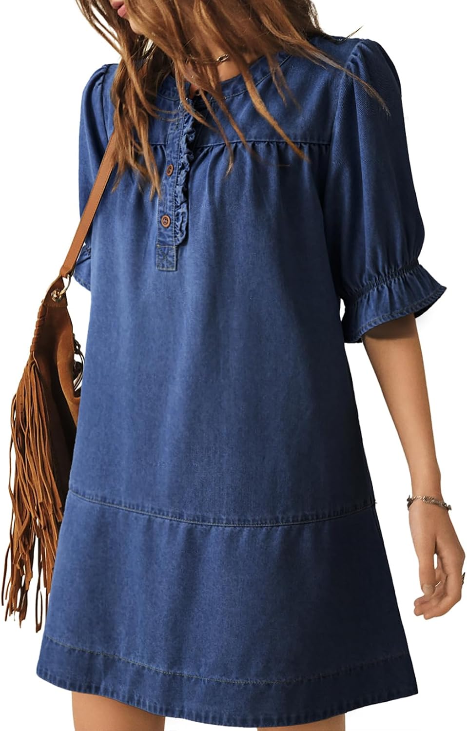 Dokotoo Women's Denim Dress Ruffle Short Sleeve Button Cowgirl Jean Dress | Crewneck,Flare Sleeve,Babydoll,Button Down,Loose Fit,A-Line,Tiered,Country Concert,Cowgirl,Western Outfit,Casual
