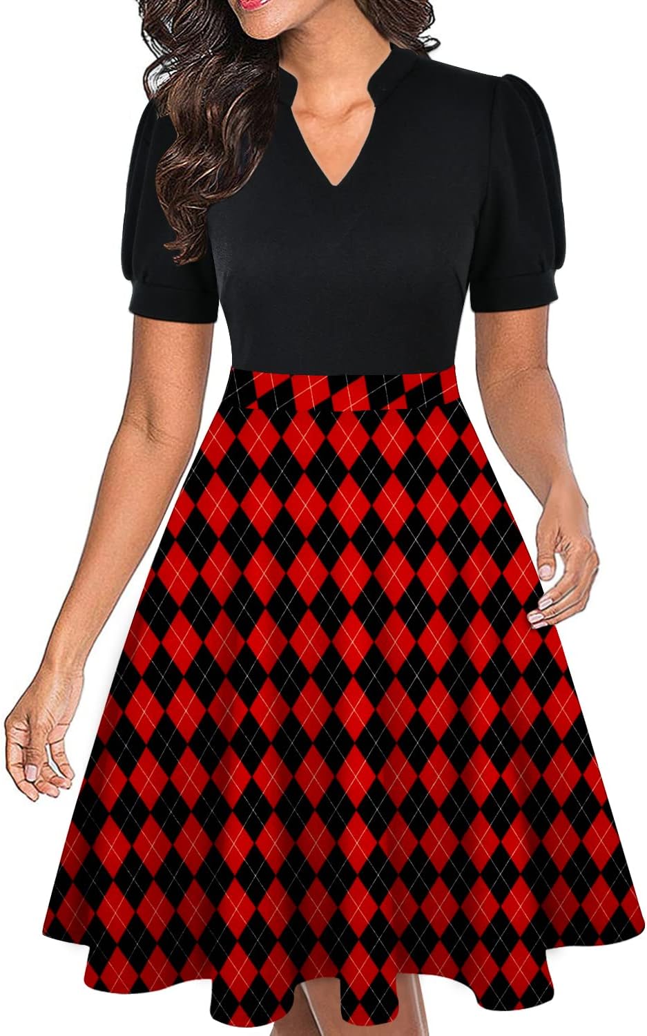 Mokayee Womens Summer Short Puff Sleeve Casual Semi-Formal Fit and Flare Church Wedding Guest Work Dresses with Pockets