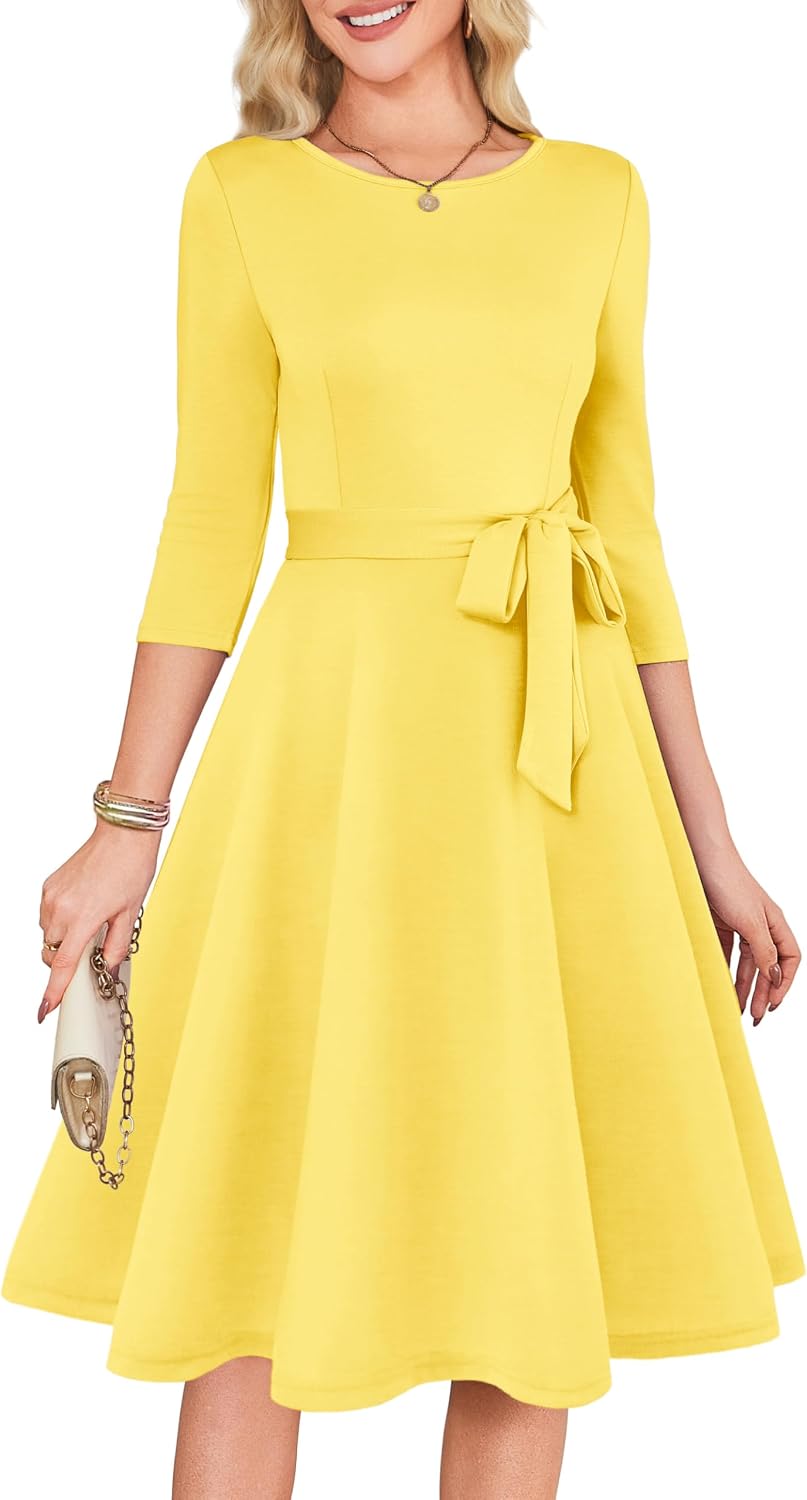 RUMIA Womens Cocktail Dresses 3\/4 Sleeve Dress with Belt (XS-3XL) | Wrinkle-resistant & Tummy-flattering Vintage Fit. Ideal for Wedding Guest, Church, Work, Vacation & Holiday events.