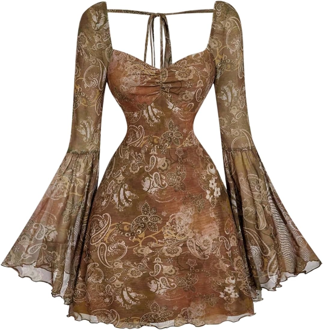 WDIRARA Women's Floral Jacquard Gothic Bell Long Sleeve Dress | Mesh , A Line, Vintage