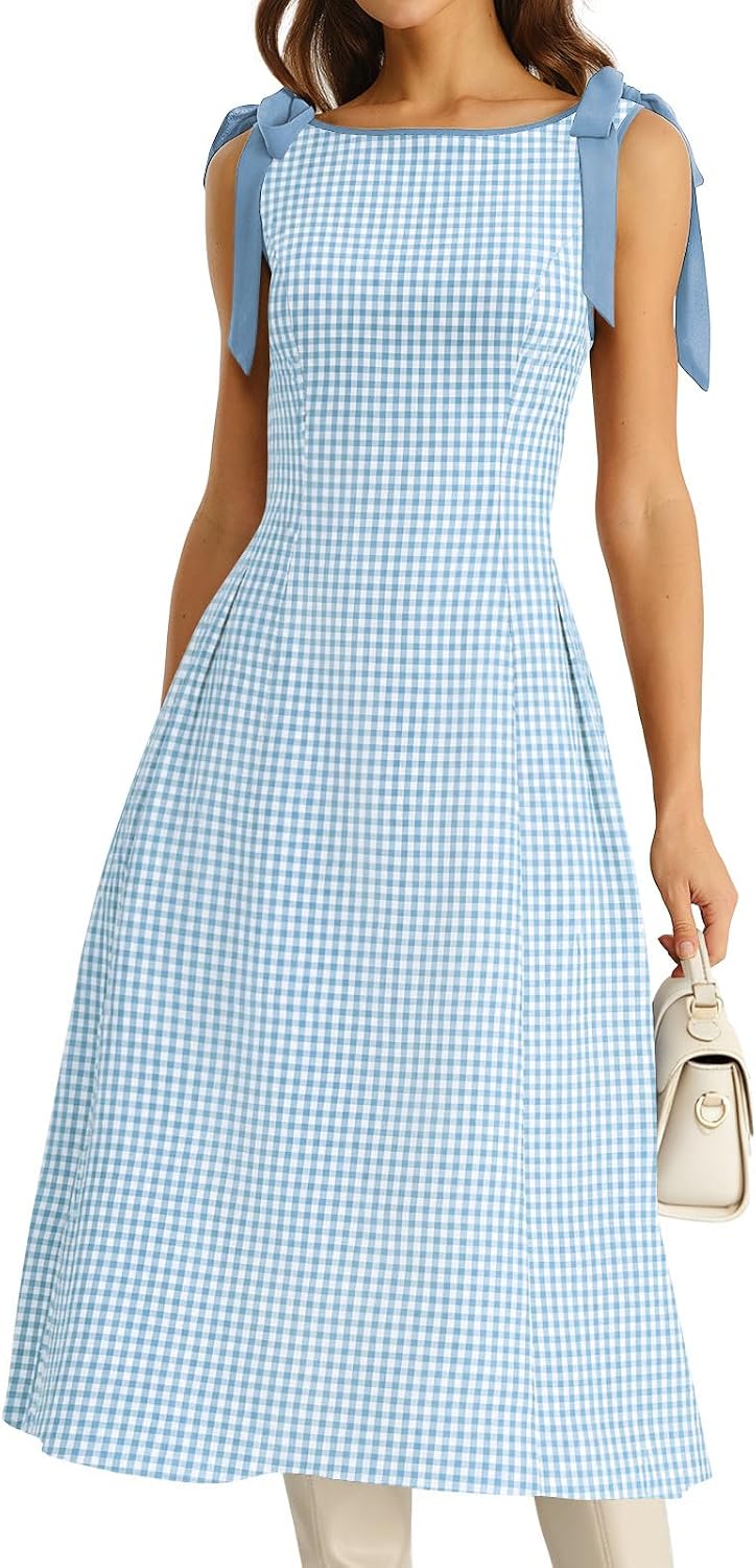 RIHOAS Women's Plaid Gingham Dress Casual Summer Midi Dresses for Women | Cute,Boat Neck,Non-adjustable Bow,A line,Vintage,Sleeveless,Spring,Winter,Casual Daily,Picnic,Travel,Vacation,Christmas