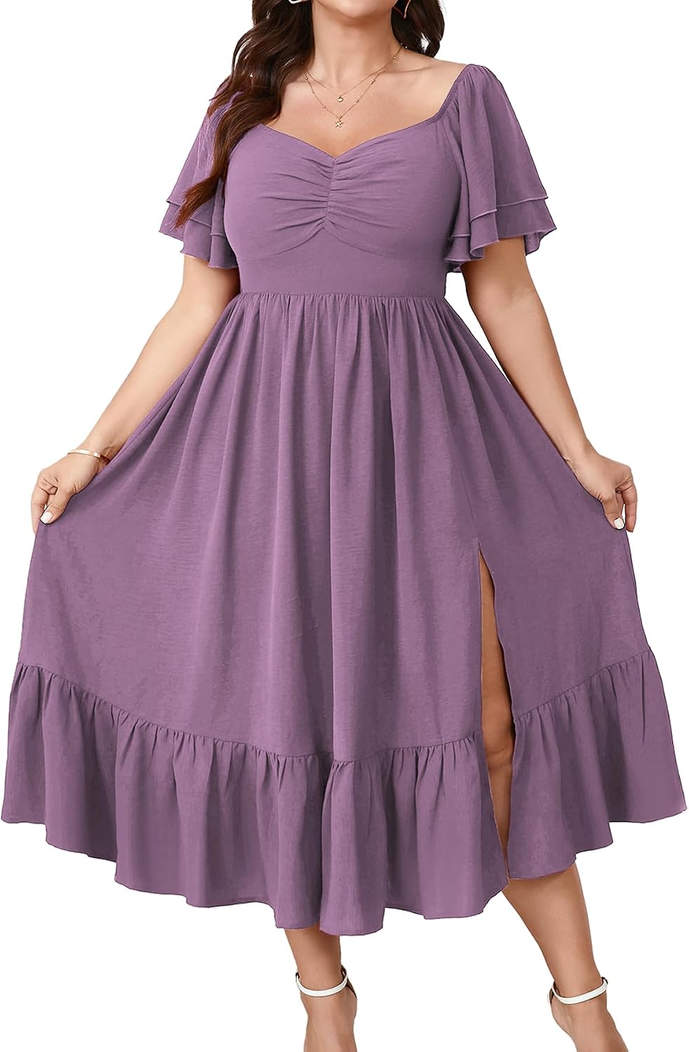 SCOMCHIC Womens Plus Size Wedding Guest Cocktail Dresses | Sweetheart Neckline, Short Sleeve, Smocked, Ruffle Slit, Party, Formal, Summer, Long, Maxi Dress