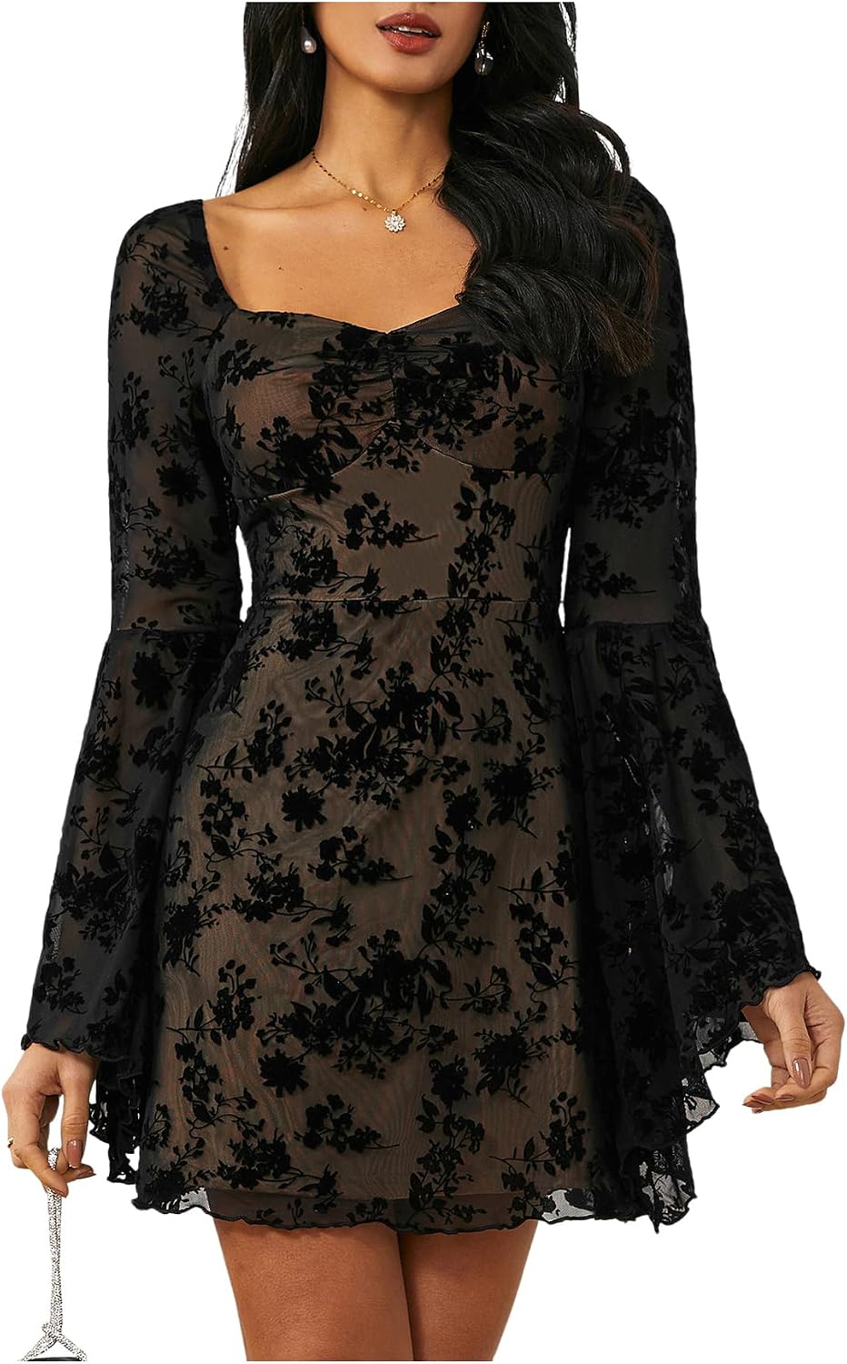 WDIRARA Women's Floral Jacquard Gothic Bell Long Sleeve Dress | Mesh , A Line, Vintage