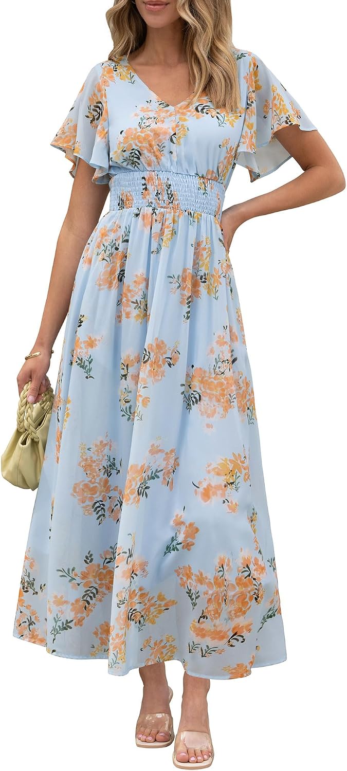 ANRABESS Womens Summer Floral Maxi Dress Casual V Neck Short Sleeve Chiffon Boho Flowy Beach 2026 Wedding Guest Long Dresses