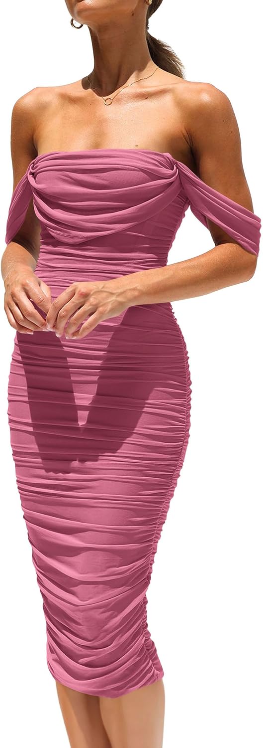 PRETTYGARDEN Women's Off Shoulder Bodycon Tube Midi Dress | Stretchy Ruched Mesh, Draped Sleeves, Elegant Dinner Party Dresses, Spring Summer Outfits for Wedding, Homecoming, Date Night