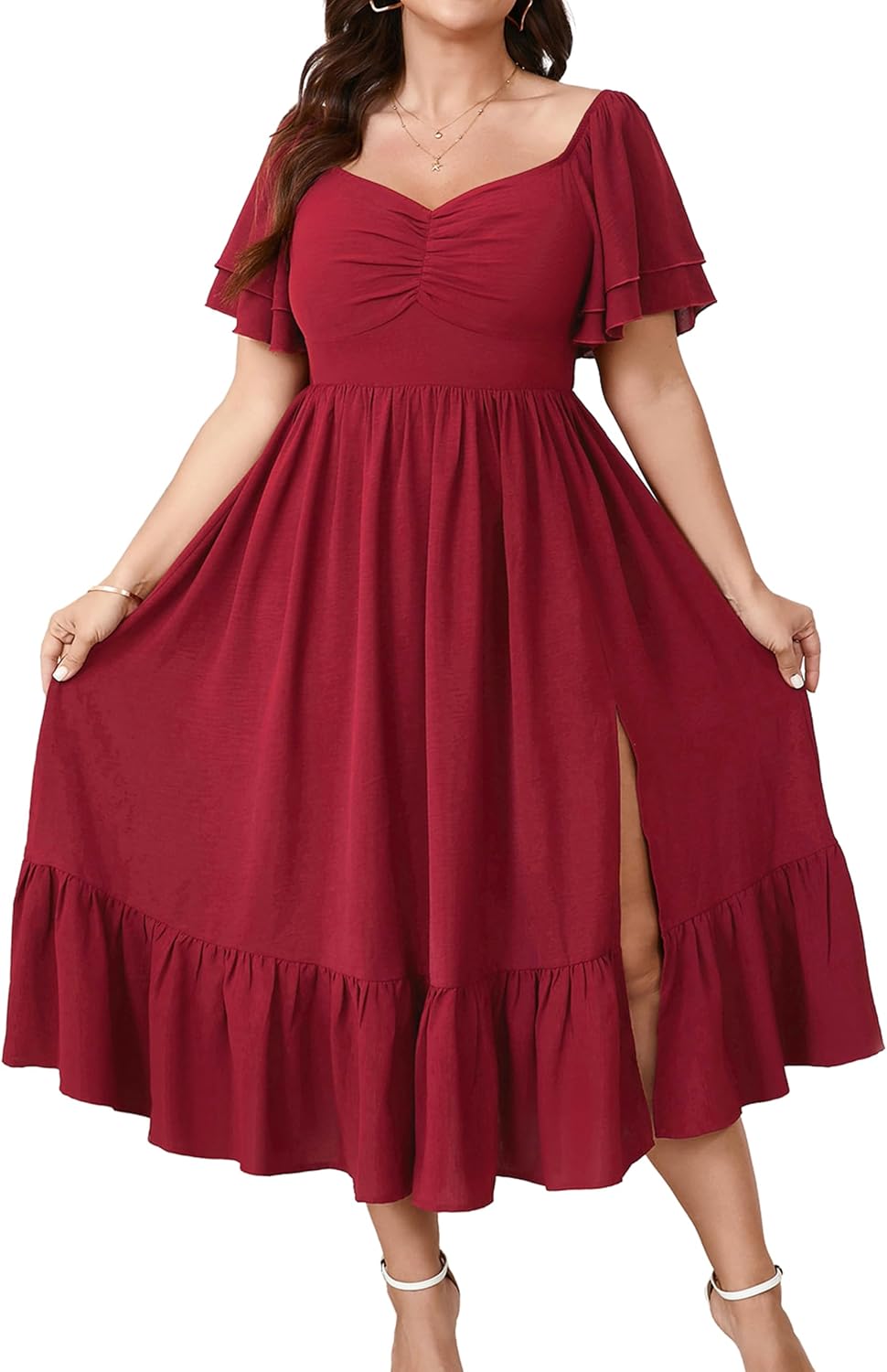 SCOMCHIC Womens Plus Size Wedding Guest Cocktail Dresses | Sweetheart Neckline, Short Sleeve, Smocked, Ruffle Slit, Party, Formal, Summer, Long, Maxi Dress
