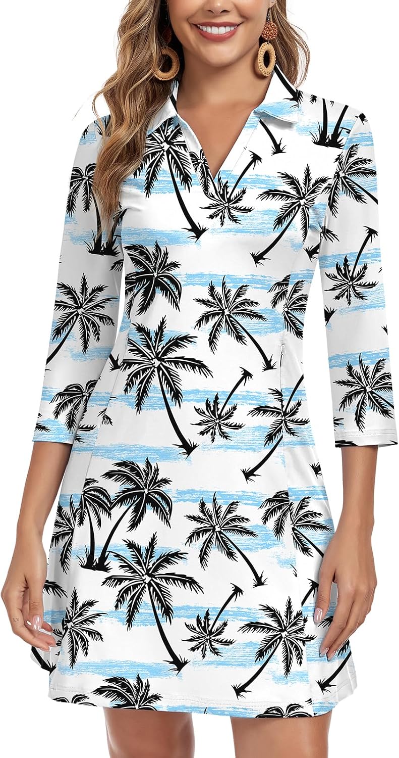 WOWENY 3\/4 Sleeve Dress for Women with Pockets V Neck UPF 50+ Casual Sun Dress Breathable Quick Dry Beach Vacation