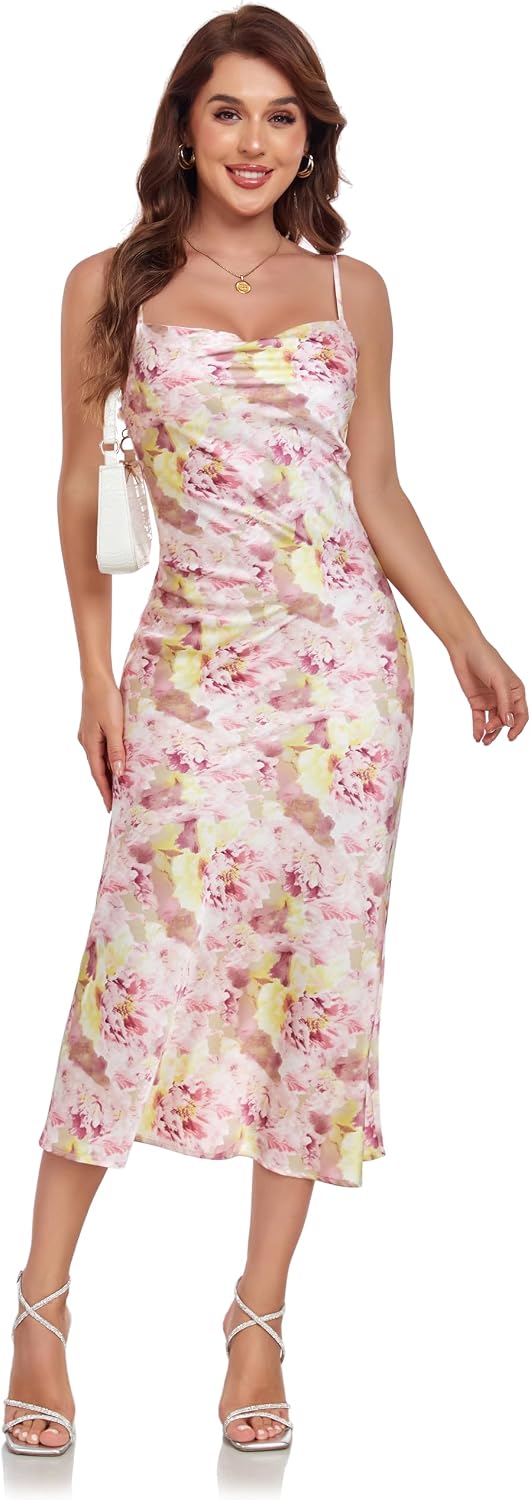 Women's Spaghetti Strap Midi Satin Silk Dresses Slip Cowl Neck Party Cocktail Evening Sexy Dress