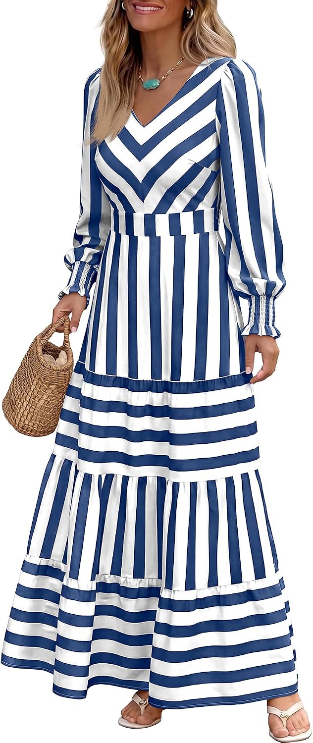 Caracilia Womens Long Sleeve Gingham Striped Flowy A-Line Fall Maxi Dress | Casual Smocked Church Dresses,Cuff Sleeve Pockets,Soft Lightweight V Neck Tiered, Boho Daily Wear,Travel Vacation Clothes