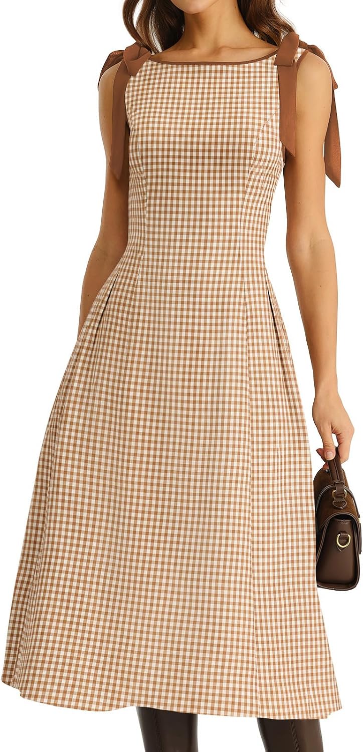 RIHOAS Women's Plaid Gingham Dress Casual Summer Midi Dresses for Women | Cute,Boat Neck,Non-adjustable Bow,A line,Vintage,Sleeveless,Spring,Winter,Casual Daily,Picnic,Travel,Vacation,Christmas