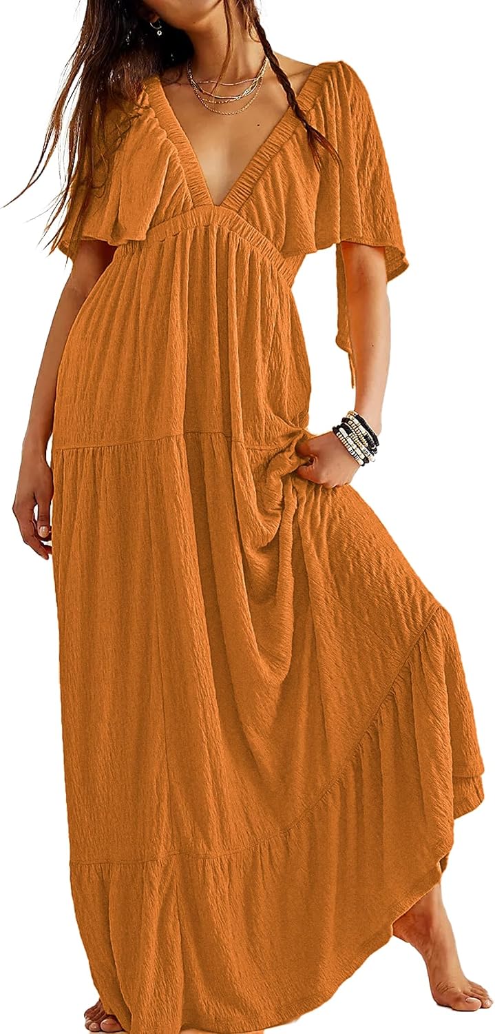 Kikibell Women Summer Dresses Sexy V-Neck Maxi Dress Tiered Silhouette with Flutter Sleeve Backless Elastic Waist Flowy Dress