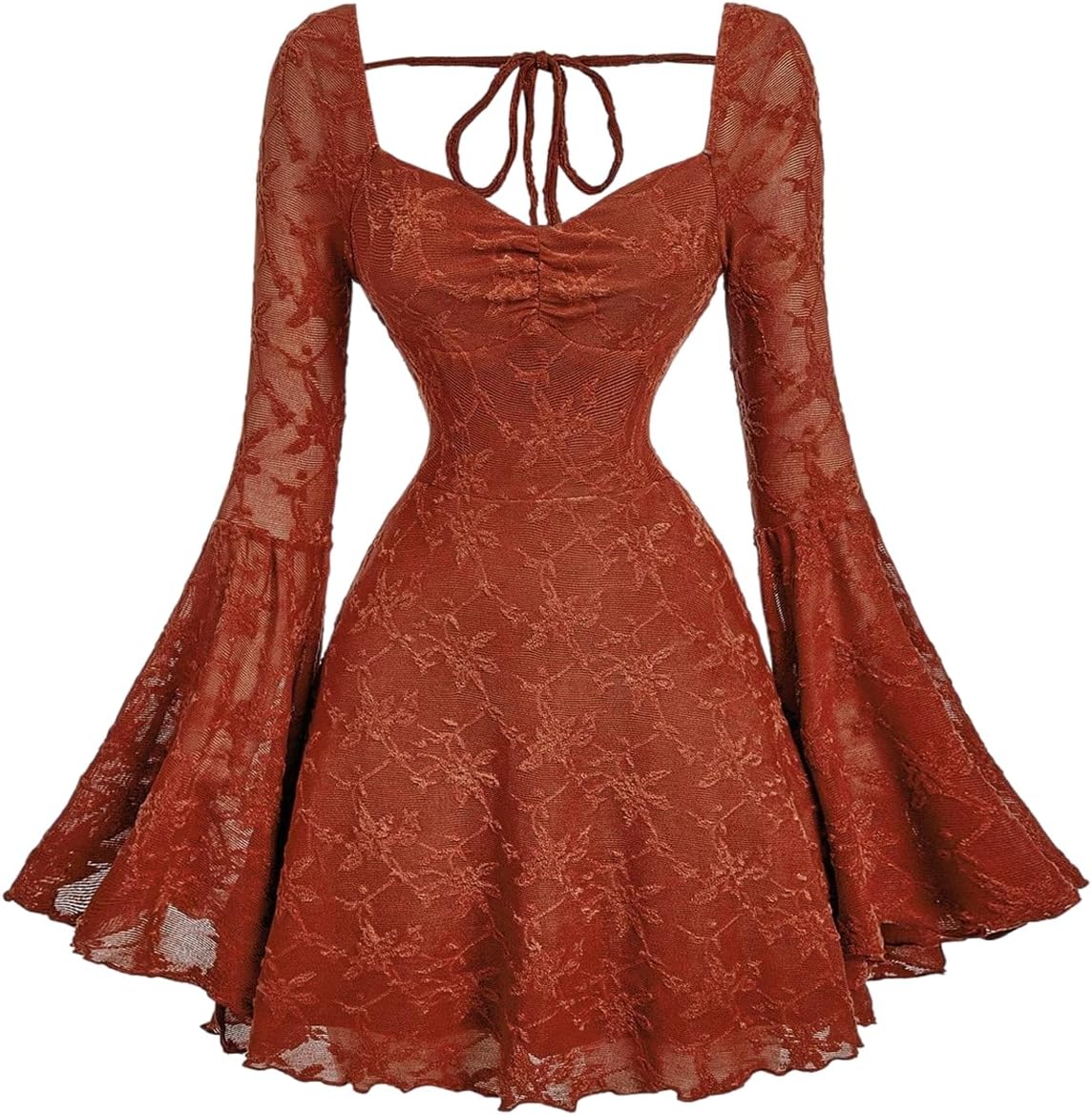 WDIRARA Women's Floral Jacquard Gothic Bell Long Sleeve Dress | Mesh , A Line, Vintage