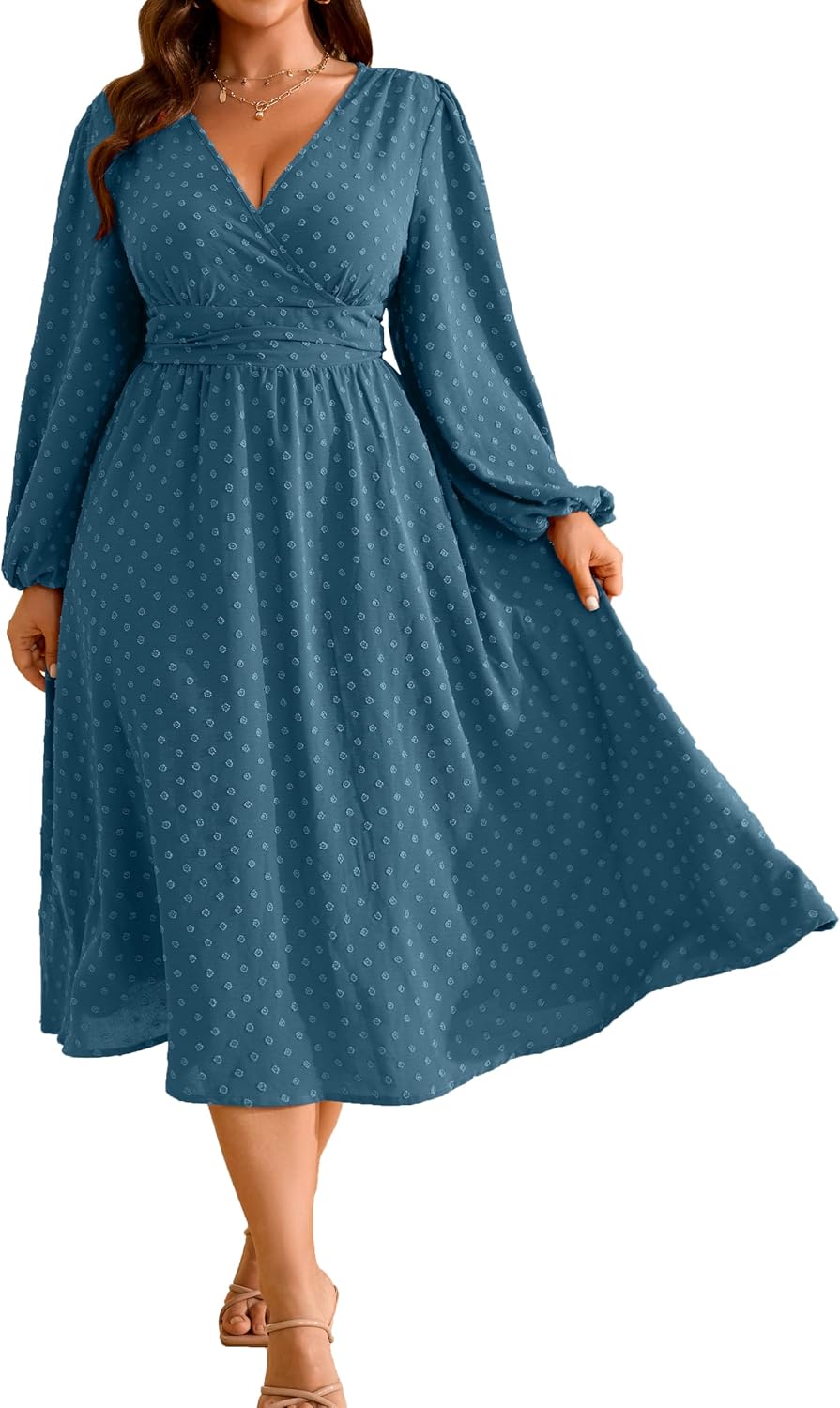 RWJ Women's Plus Size Fall Wedding Guest Dress V Neck Swiss Dot Long Sleeve | Semi Formal, Business Casual, Daily, Cocktail Party, Graduation, Homecoming, Evening, Date, Special Event, Funeral, Festive