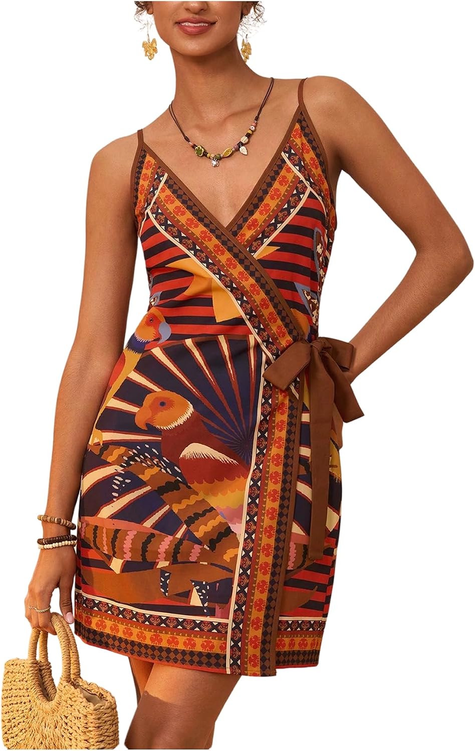 RoseSeek Women's Tropical Print Wrap Dress Sleeveless Vacation Dresses | Short Summer Dresses, Beach Vacation Outfits, Tropical Print Cami Dress, V Neck Dress