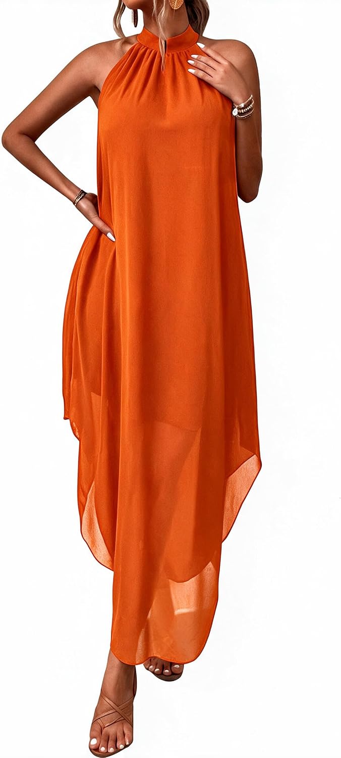 SKAYS Women's Wedding Guest Flowy Chiffon Elegant Maxi Dress | ladies dresses for wedding guest,Cocktail Dress,Asymmetrical Dress for Women,party dresses for women elegant classy