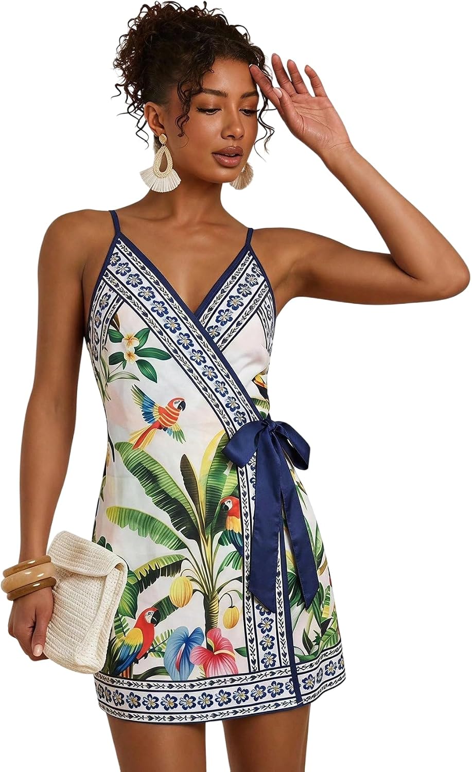 RoseSeek Women's Tropical Print Wrap Dress Sleeveless Vacation Dresses | Short Summer Dresses, Beach Vacation Outfits, Tropical Print Cami Dress, V Neck Dress