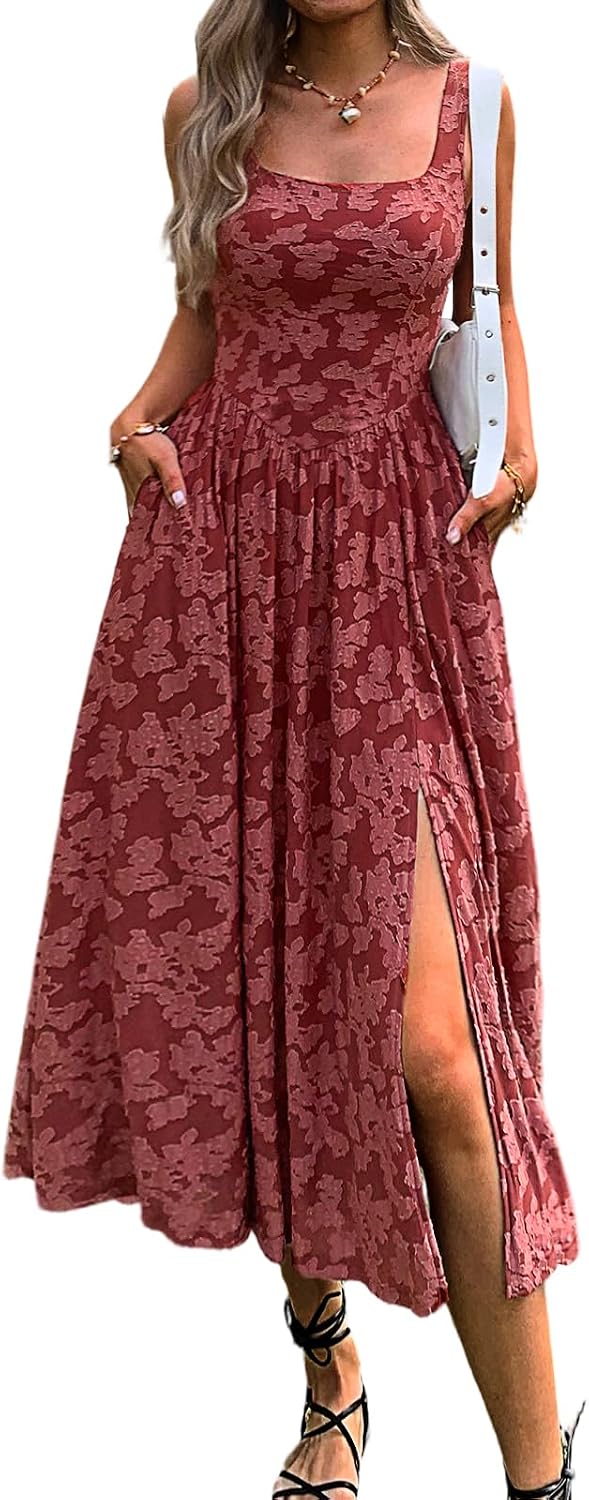 Mieazom Women's Floral Boho Flowy Slit Maxi Dress with Pockets | Square Neck,Drop Waist,Summer Beach Vacation,Cute Jacquard,Swing Long Sundress,A Line,Wedding Guest,Evening Dinner Party