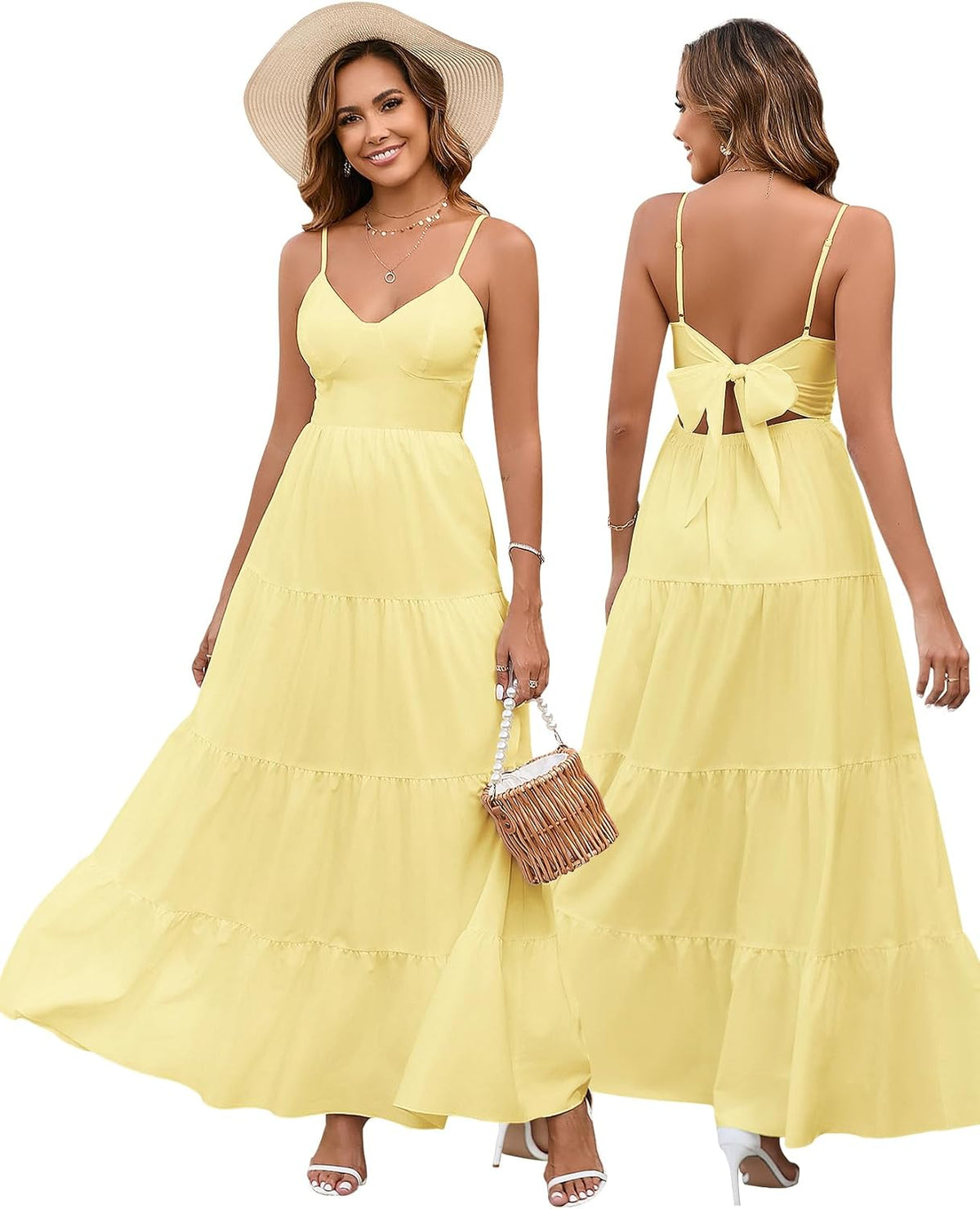 HTZMO Women Summer Floral Maxi Sundress Boho Beach Long Dress | Wedding Guest Bridal baby Shower Vacation Party Dresses 2026, Bow Tie A Line Flowy V Neck Spaghetti Strap