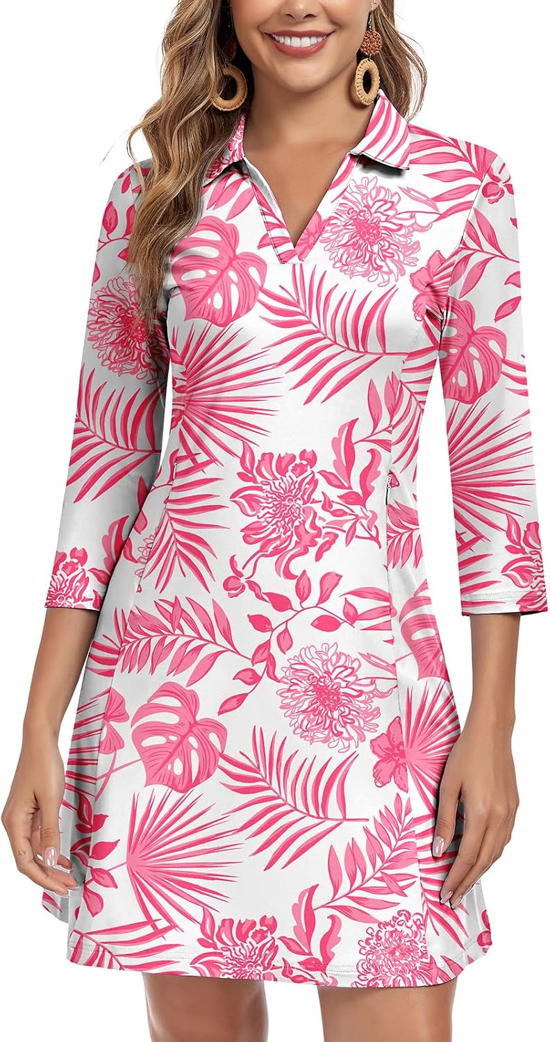 WOWENY 3\/4 Sleeve Dress for Women with Pockets V Neck UPF 50+ Casual Sun Dress Breathable Quick Dry Beach Vacation