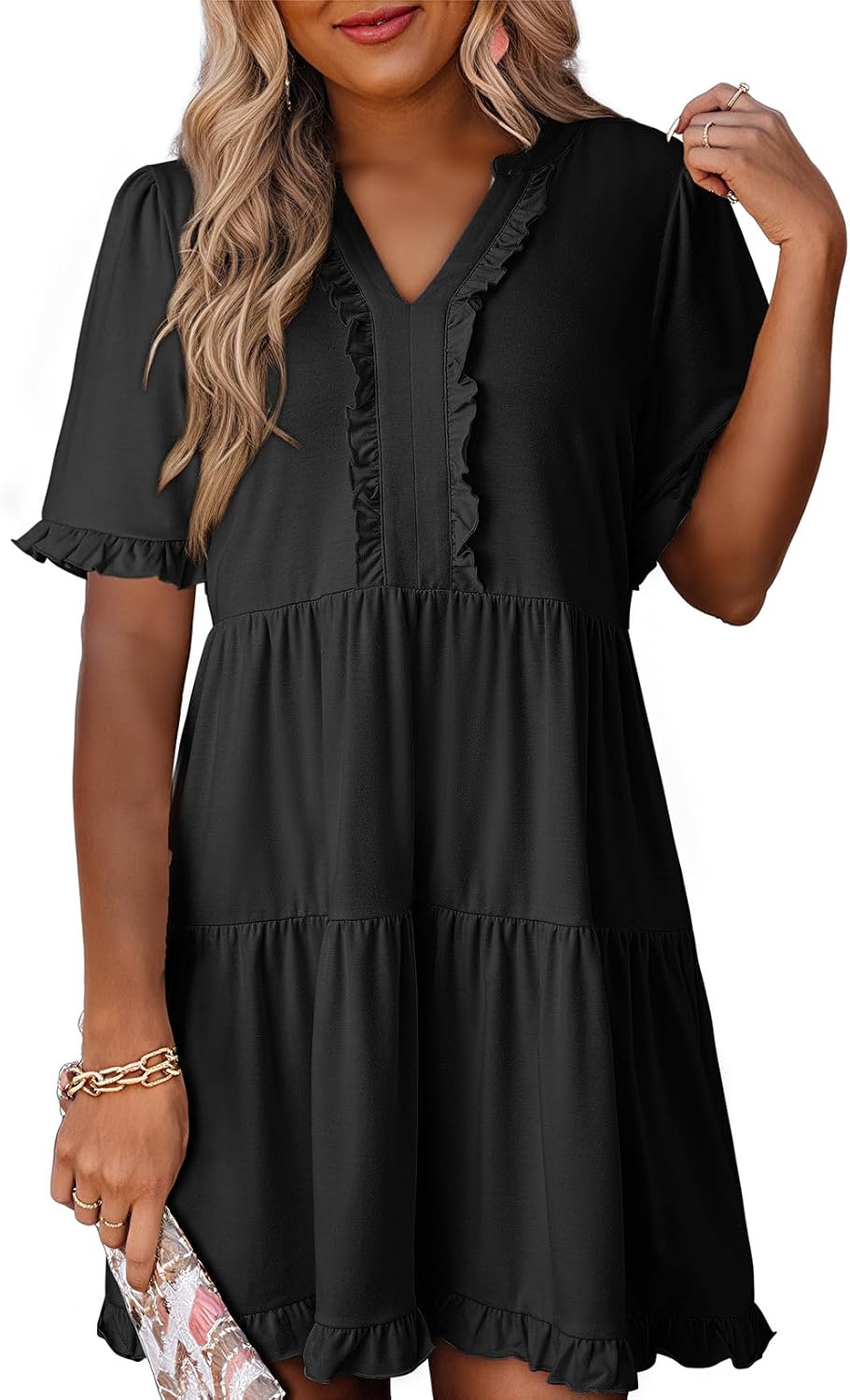 Dokotoo Womens A Line Babydoll Casual Summer Dresses with Pockets | Short Sleeve, V Neck, Hide Tummy, Cute Flowy Western Dress, Mini Short Casual Dress for Graduation Party Date Night Teacher