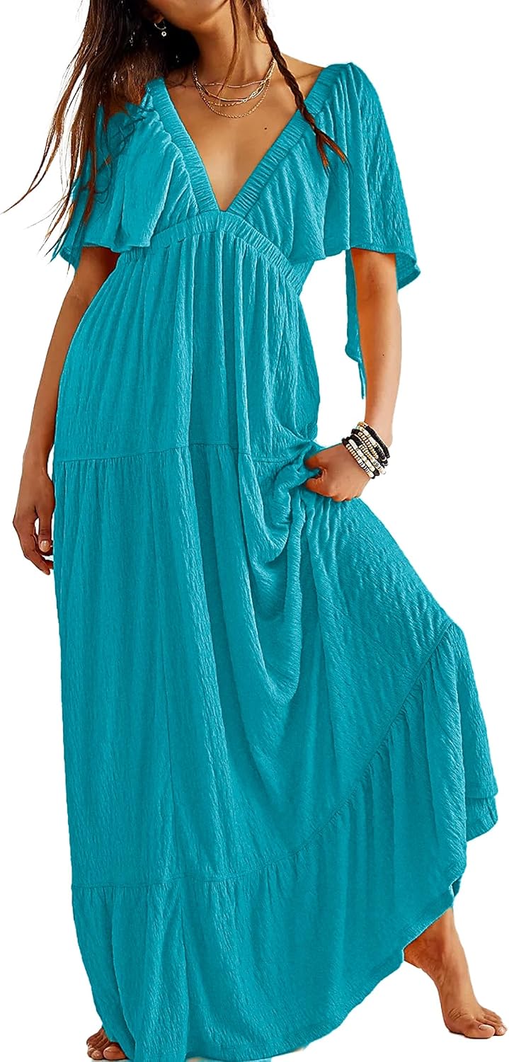 Kikibell Women Summer Dresses Sexy V-Neck Maxi Dress Tiered Silhouette with Flutter Sleeve Backless Elastic Waist Flowy Dress