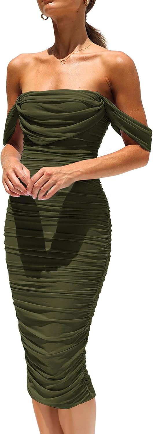 PRETTYGARDEN Women's Off Shoulder Bodycon Tube Midi Dress | Stretchy Ruched Mesh, Draped Sleeves, Elegant Dinner Party Dresses, Spring Summer Outfits for Wedding, Homecoming, Date Night