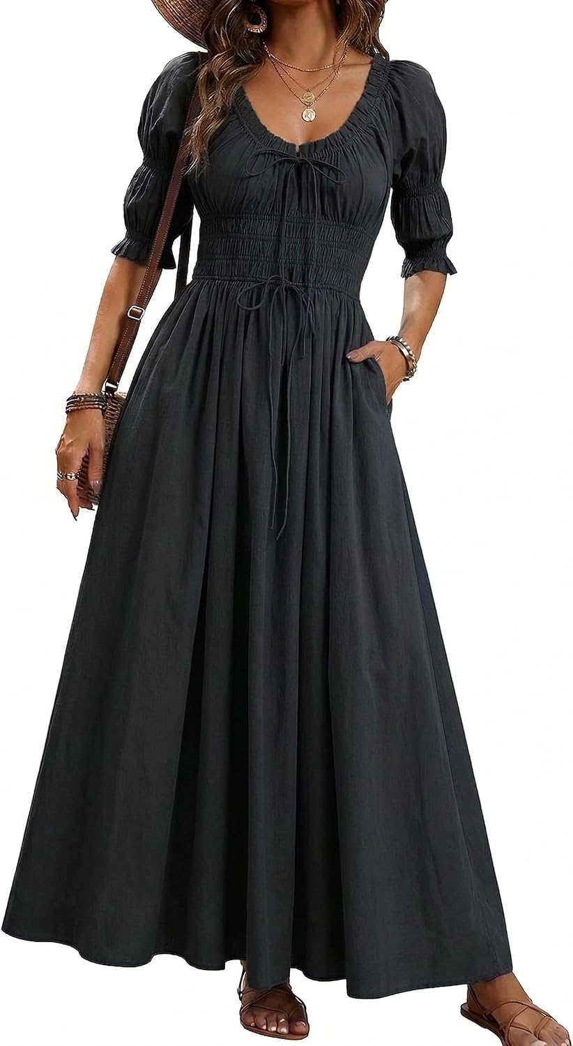 LEYRASON Women's Boho Floral Puff Sleeve Maxi Dress with Pockets | Scoop Neck Short Sleeve, A Line, Smocked Tie Long Flowy Dresses, Beach Vacation, Wedding Guest, Spring Summer Fall Outfits