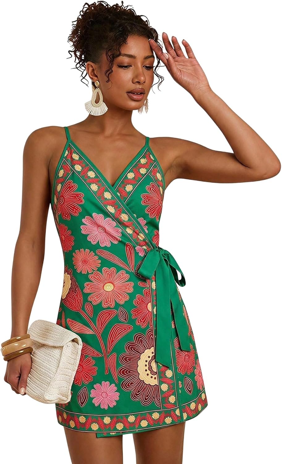 RoseSeek Women's Tropical Print Wrap Dress Sleeveless Vacation Dresses | Short Summer Dresses, Beach Vacation Outfits, Tropical Print Cami Dress, V Neck Dress