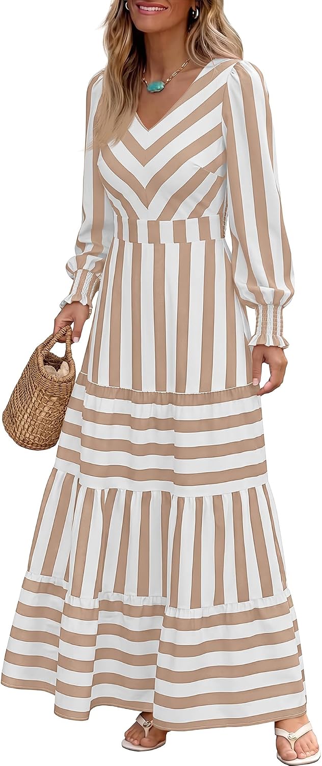 Caracilia Womens Long Sleeve Gingham Striped Flowy A-Line Fall Maxi Dress | Casual Smocked Church Dresses,Cuff Sleeve Pockets,Soft Lightweight V Neck Tiered, Boho Daily Wear,Travel Vacation Clothes