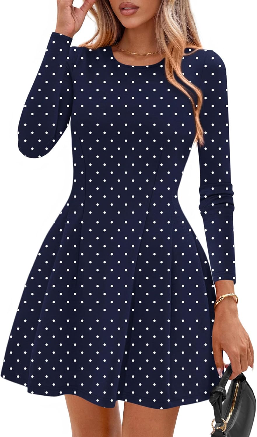 PRETTYGARDEN Womens Long Sleeve Pleated Mini Dress | Soft Knit Fabric, A Line Babydoll Fit, Crewneck Short Dresses, Casual Party Date Night Outfits, Fall Winter Trendy Clothes