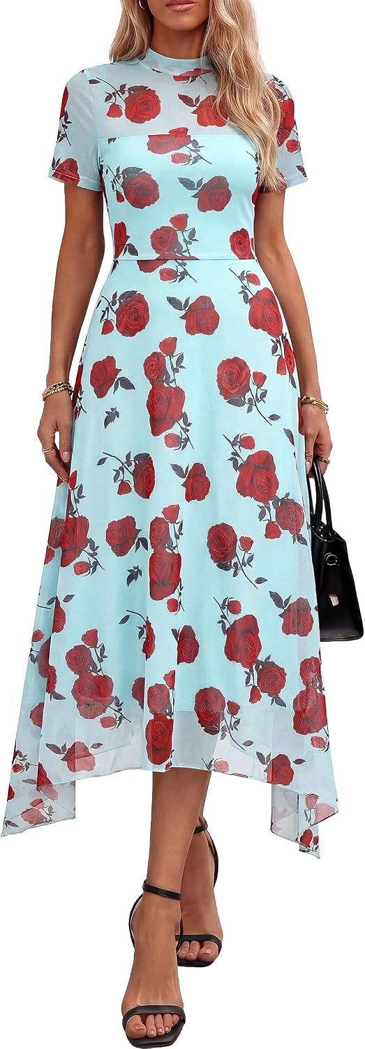 PRETTYGARDEN Women's Floral Mesh Midi Dress | Summer Wedding Guest Dresses,Short Sleeve Mock Neck A-Line,Semi-Sheer Overlay,Fit & Flare,Cocktail Party,Date Night Outfits