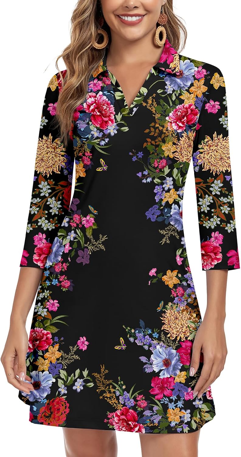 WOWENY 3\/4 Sleeve Dress for Women with Pockets V Neck UPF 50+ Casual Sun Dress Breathable Quick Dry Beach Vacation
