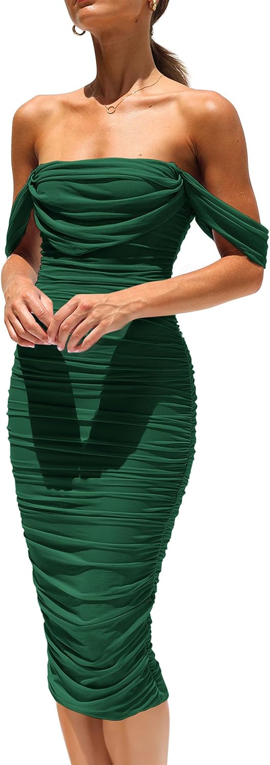 PRETTYGARDEN Women's Off Shoulder Bodycon Tube Midi Dress | Stretchy Ruched Mesh, Draped Sleeves, Elegant Dinner Party Dresses, Spring Summer Outfits for Wedding, Homecoming, Date Night