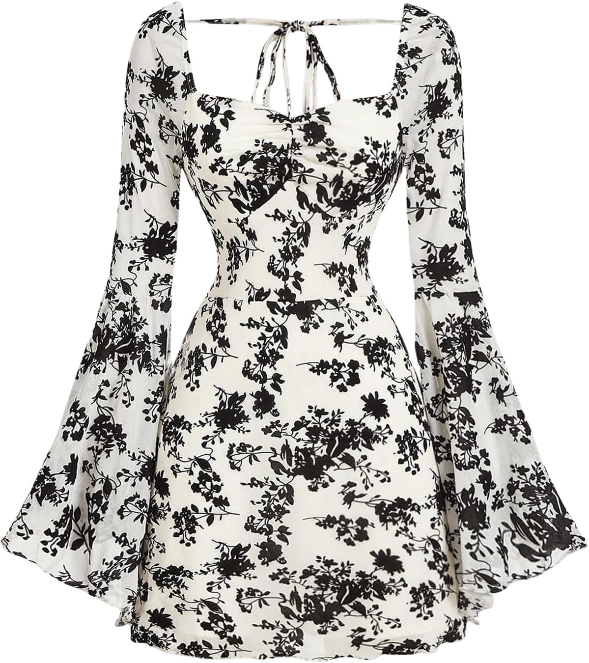 WDIRARA Women's Floral Jacquard Gothic Bell Long Sleeve Dress | Mesh , A Line, Vintage