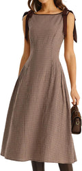RIHOAS Women's Plaid Gingham Dress Casual Summer Midi Dresses for Women | Cute,Boat Neck,Non-adjustable Bow,A line,Vintage,Sleeveless,Spring,Winter,Casual Daily,Picnic,Travel,Vacation,Christmas