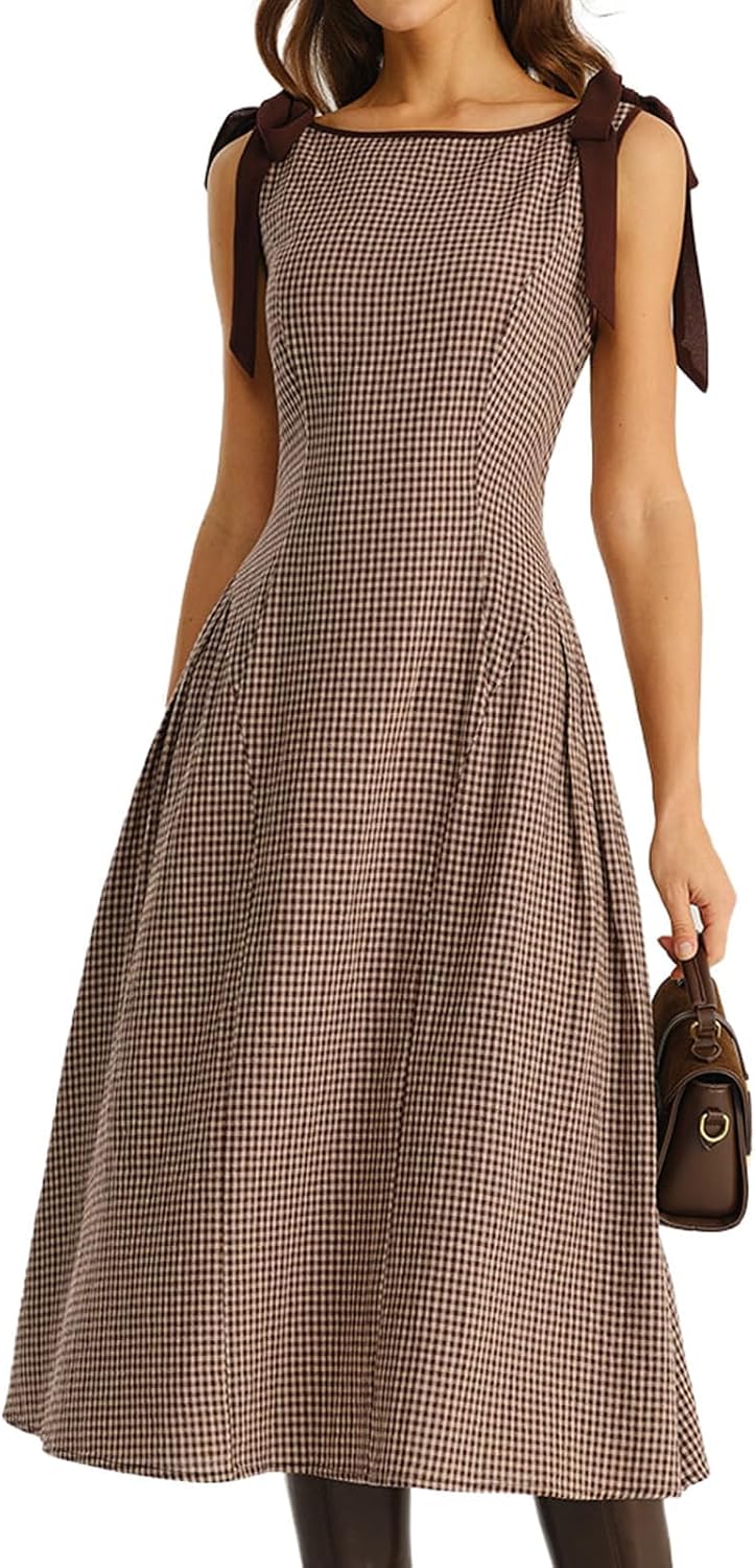 RIHOAS Women's Plaid Gingham Dress Casual Summer Midi Dresses for Women | Cute,Boat Neck,Non-adjustable Bow,A line,Vintage,Sleeveless,Spring,Winter,Casual Daily,Picnic,Travel,Vacation,Christmas