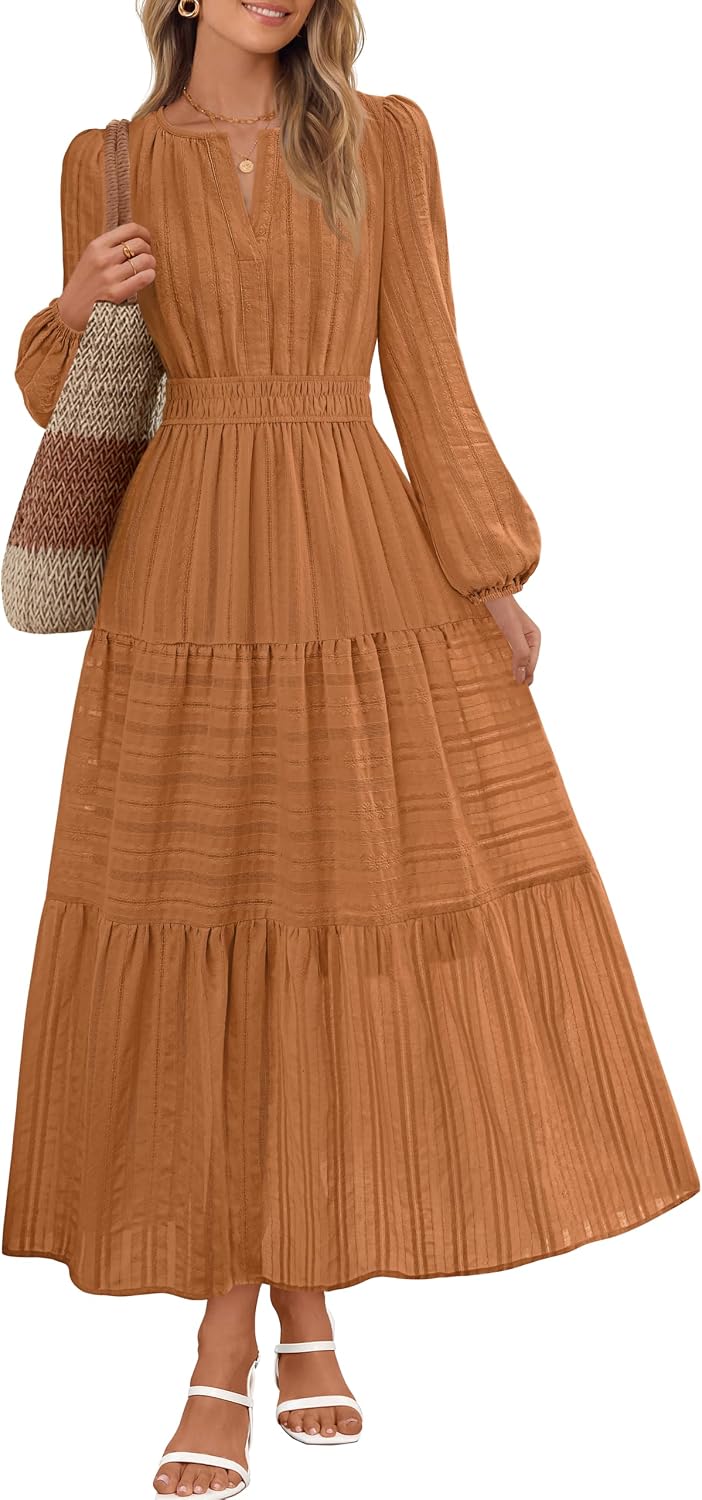 MEROKEETY Womens Fall Puff Long Sleeve Casual V Neck Modest Midi Maxi Dress | 2026, Cotton, with Pockets, Eyelets, Shirred Waist, Tiered, Lined, Winter, Boho, Relaxed Fit, Church, Elegant, Bridal Shower