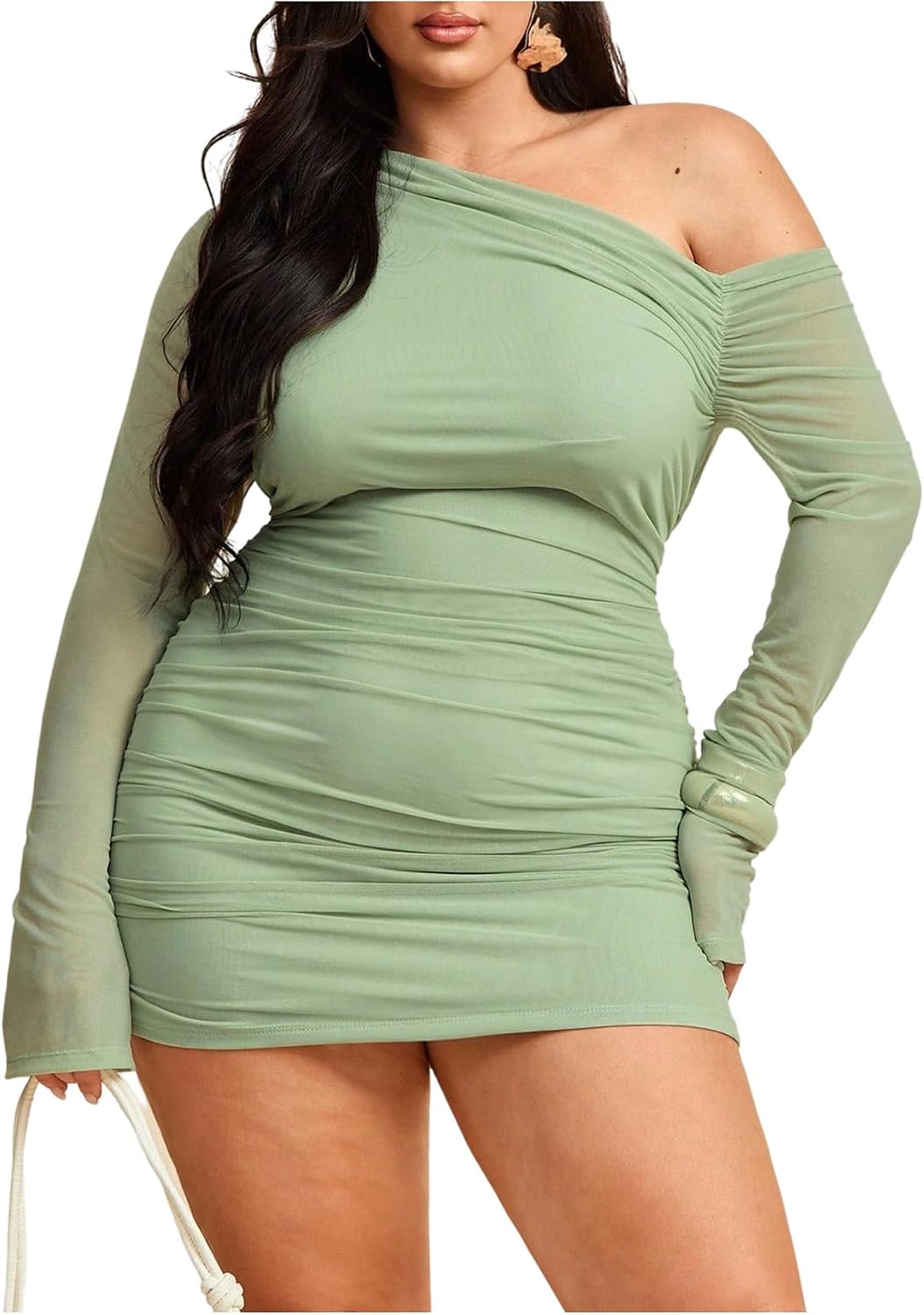 Floerns Women's Plus Size Off The Shoulder Mesh Long Sleeve Mini Dresses | Off The Shoulder, Sheer Mesh, Bodycon, Club, Going Out Dresses, Birthday Party Fall Outfits