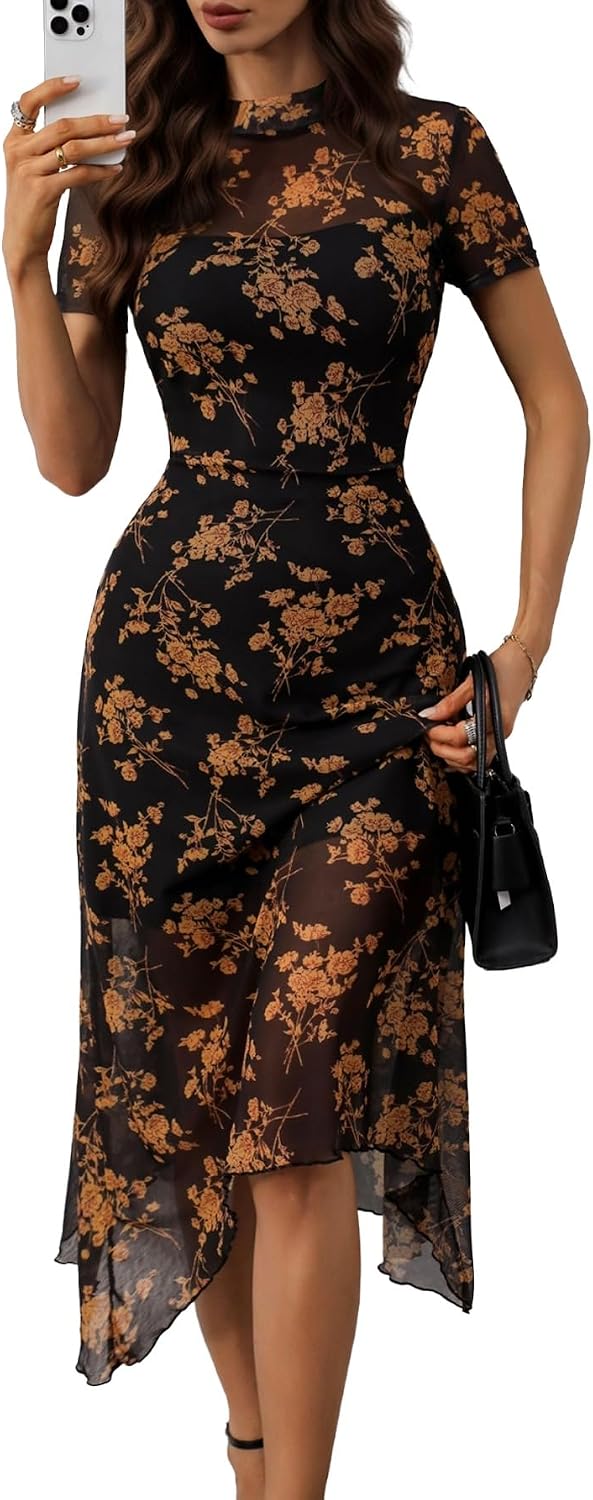 GothDark Women Summer Wedding Guest Floral Mesh Irregular Hem Midi Dress | A-Line, Short Sleeve, Sheer Mesh Overlay, Elegant Vintage Dresses For Party, Semi Formal, Vacation, Dinner, Church