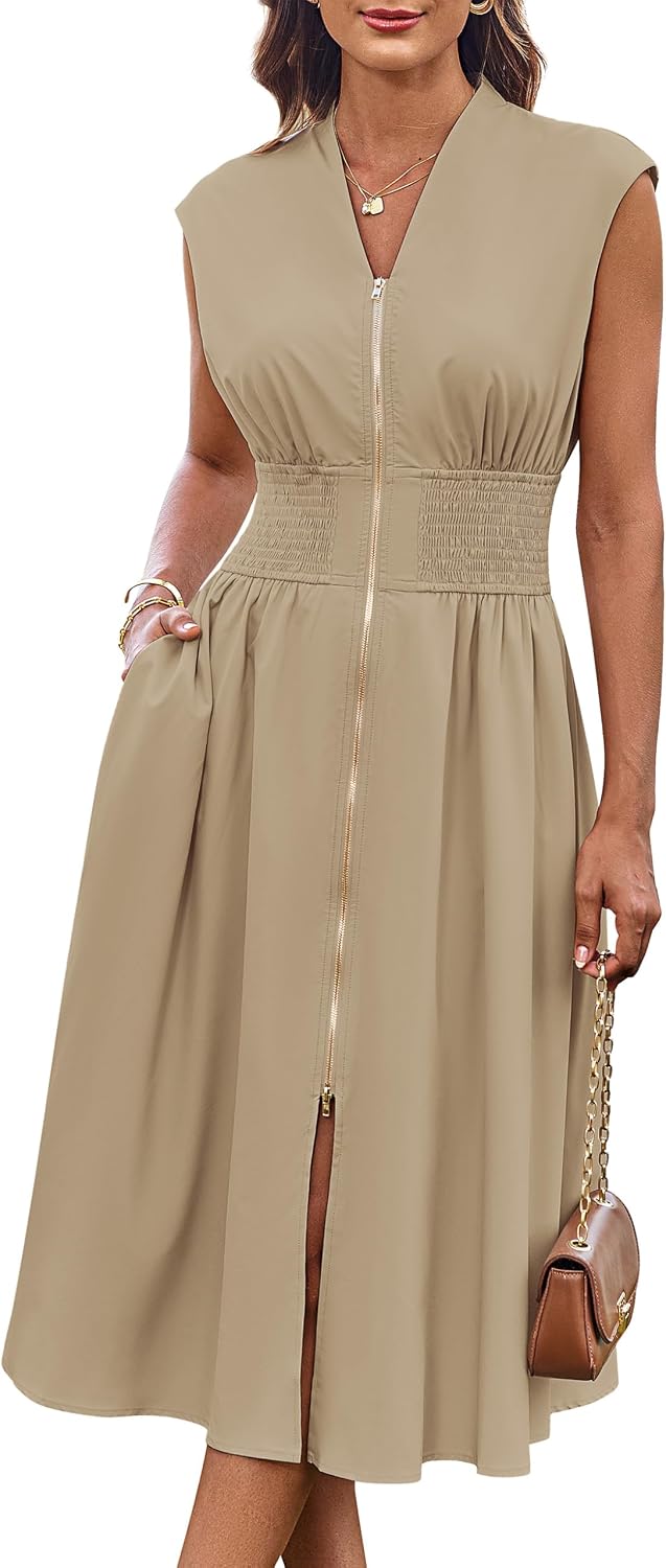 GRACE KARIN Womens Casual Dress, Business Office Work Homecoming Dresses | 2026, Cap Sleeve, Zipper Front, V Neck, Professional, Knee Length, Sleeveless, Flowy, Midi, Fall, Formal, Wedding, Hoco