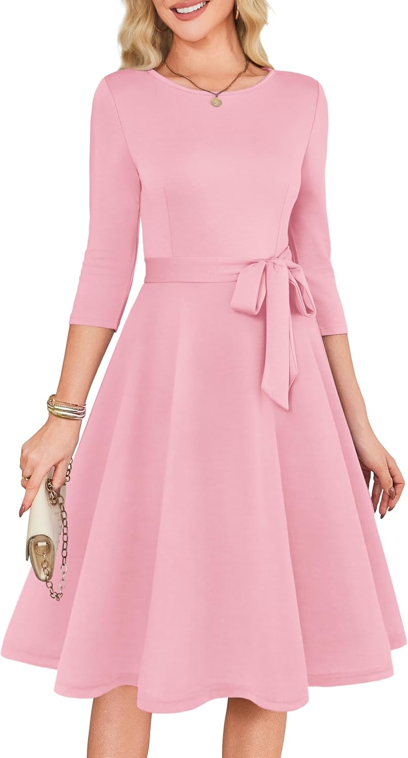 RUMIA Womens Cocktail Dresses 3\/4 Sleeve Dress with Belt (XS-3XL) | Wrinkle-resistant & Tummy-flattering Vintage Fit. Ideal for Wedding Guest, Church, Work, Vacation & Holiday events.