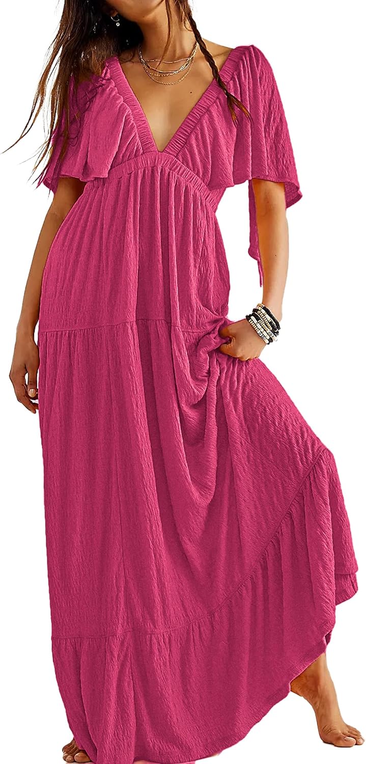 Kikibell Women Summer Dresses Sexy V-Neck Maxi Dress Tiered Silhouette with Flutter Sleeve Backless Elastic Waist Flowy Dress