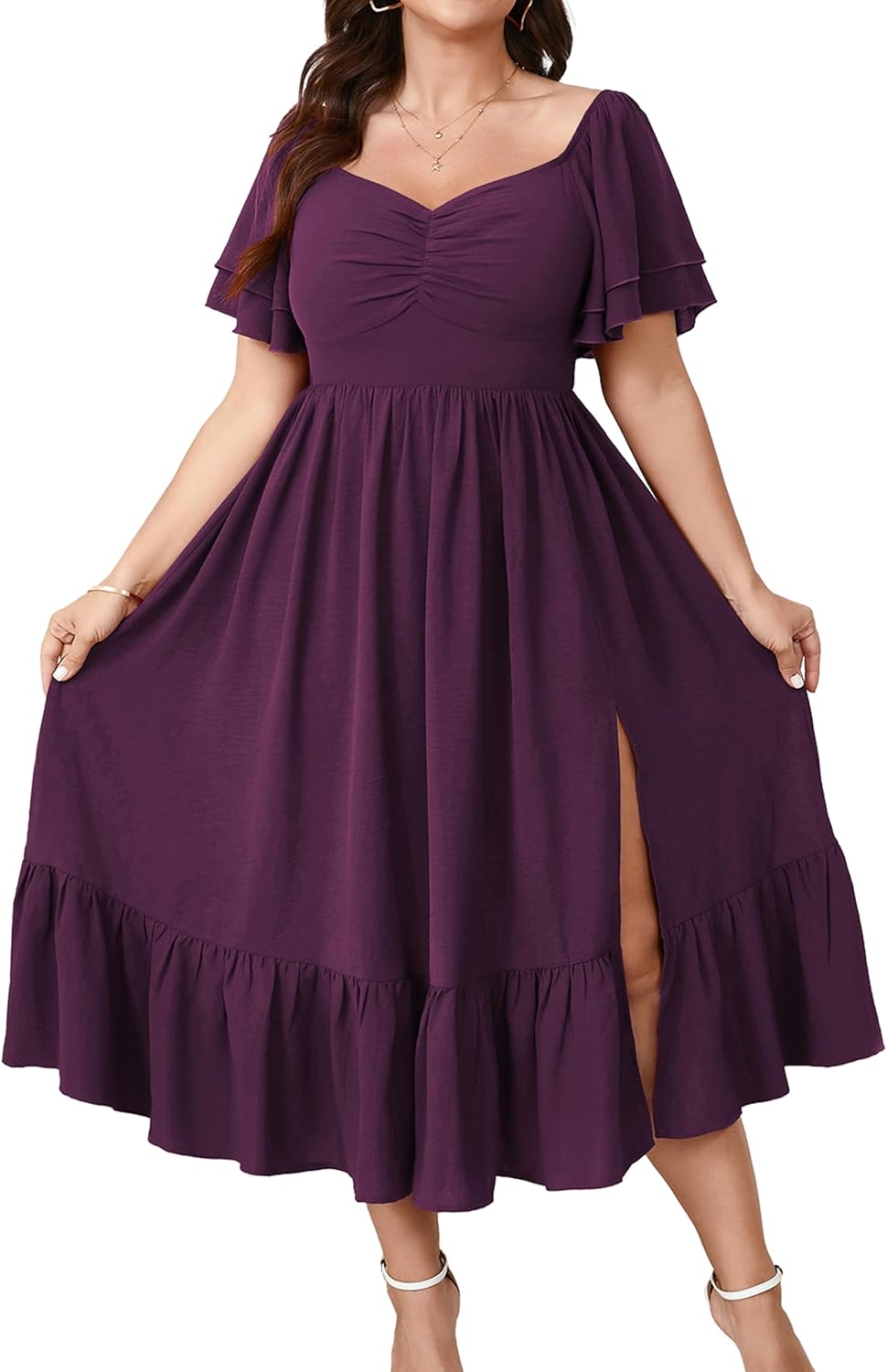SCOMCHIC Womens Plus Size Wedding Guest Cocktail Dresses | Sweetheart Neckline, Short Sleeve, Smocked, Ruffle Slit, Party, Formal, Summer, Long, Maxi Dress