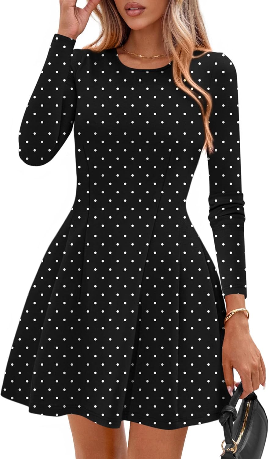 PRETTYGARDEN Womens Long Sleeve Pleated Mini Dress | Soft Knit Fabric, A Line Babydoll Fit, Crewneck Short Dresses, Casual Party Date Night Outfits, Fall Winter Trendy Clothes