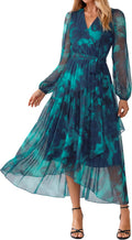 Simplee Women's Floral Long Sleeve Mesh Wedding Guest Maxi Dress | Fall V Neck Faux Wrap, Elegant Flowy A Line High Low Hem, Sheer Sleeve, Formal Tea Party Midi Dress