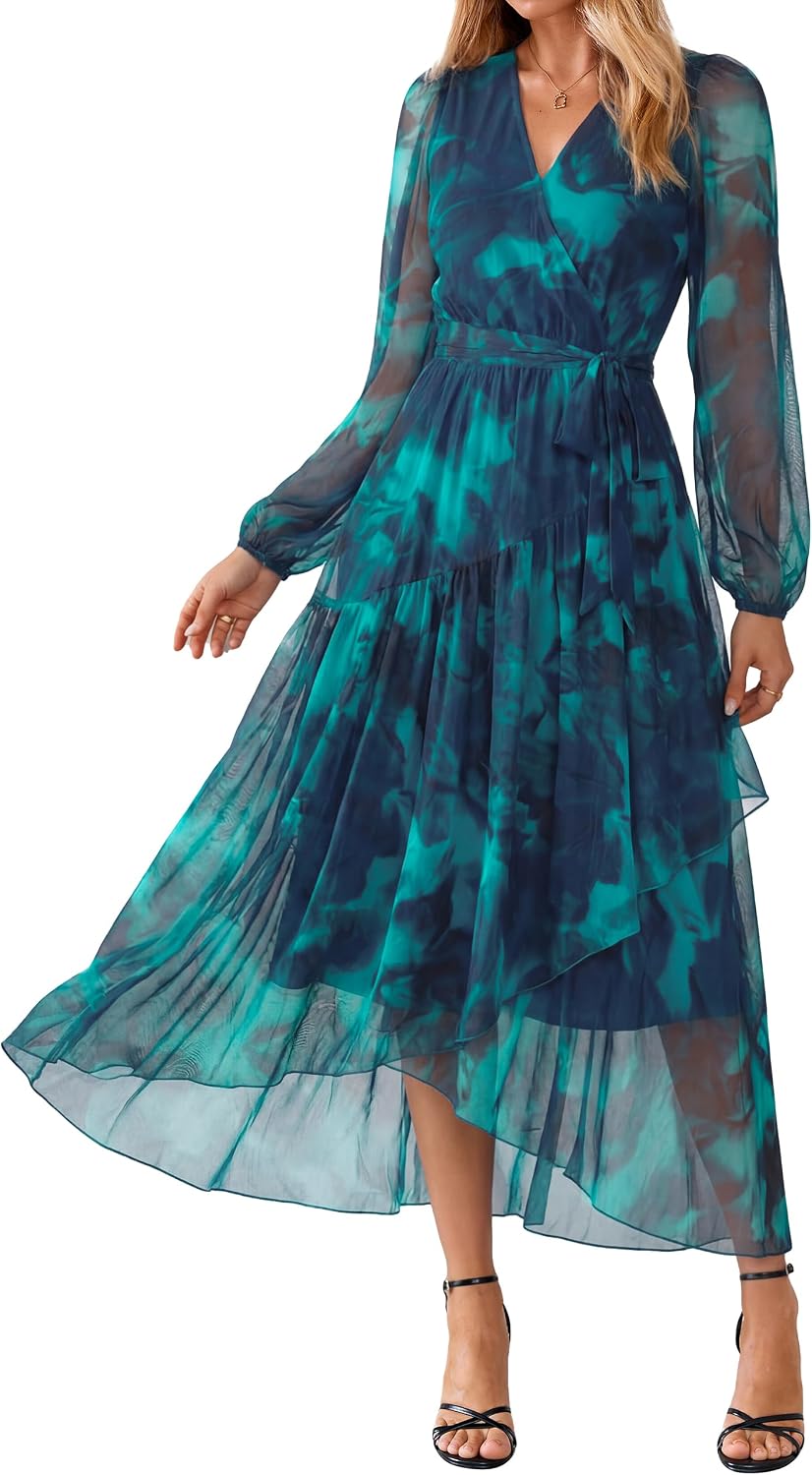Simplee Women's Floral Long Sleeve Mesh Wedding Guest Maxi Dress | Fall V Neck Faux Wrap, Elegant Flowy A Line High Low Hem, Sheer Sleeve, Formal Tea Party Midi Dress