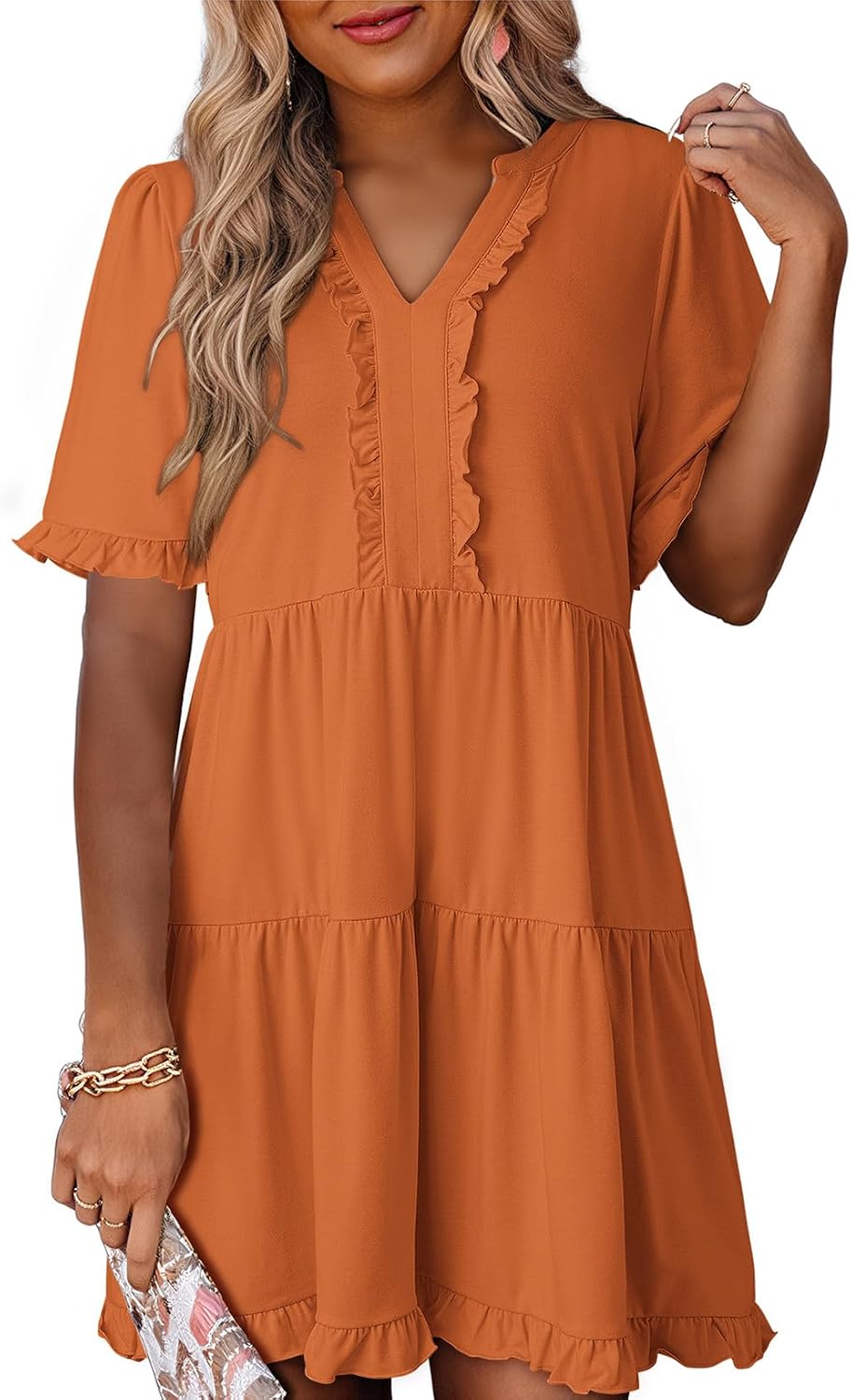 Dokotoo Womens A Line Babydoll Casual Summer Dresses with Pockets | Short Sleeve, V Neck, Hide Tummy, Cute Flowy Western Dress, Mini Short Casual Dress for Graduation Party Date Night Teacher