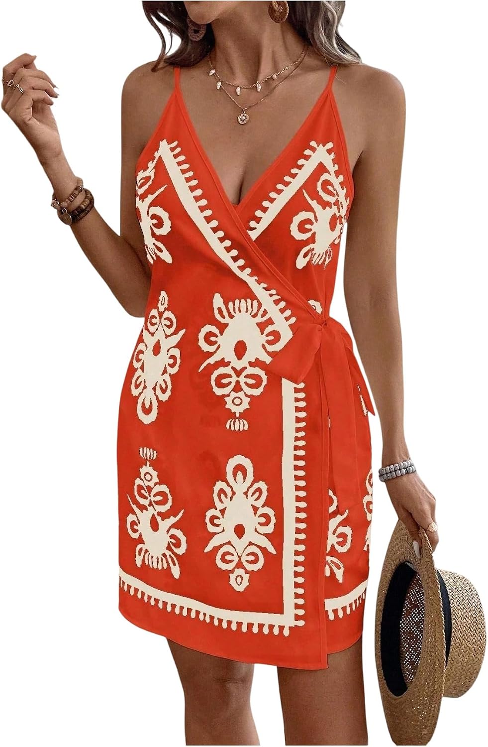 RoseSeek Women's Tropical Print Wrap Dress Sleeveless Vacation Dresses | Short Summer Dresses, Beach Vacation Outfits, Tropical Print Cami Dress, V Neck Dress
